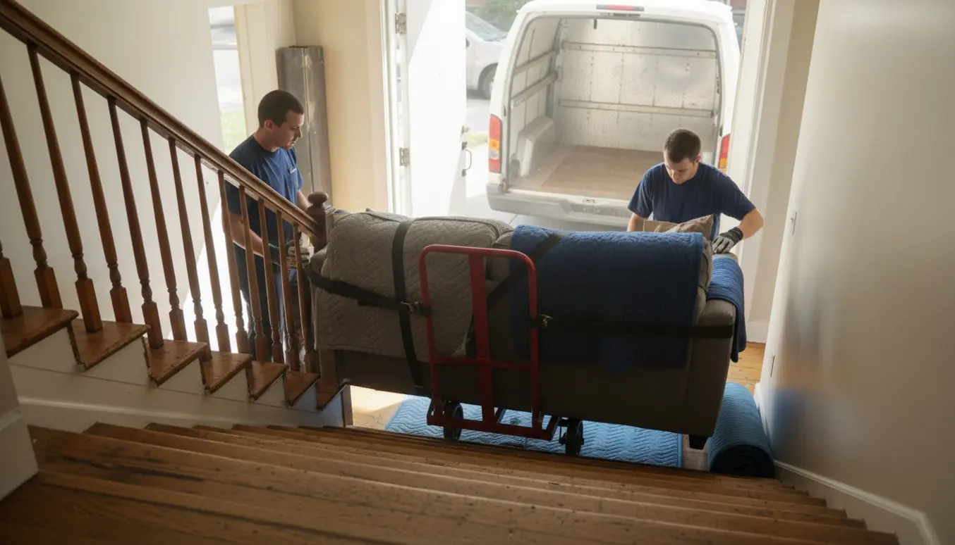To flyttefolk bærer en 2- og en 3-personers sofa ud af en lejlighed og læsser dem i en varevogn.