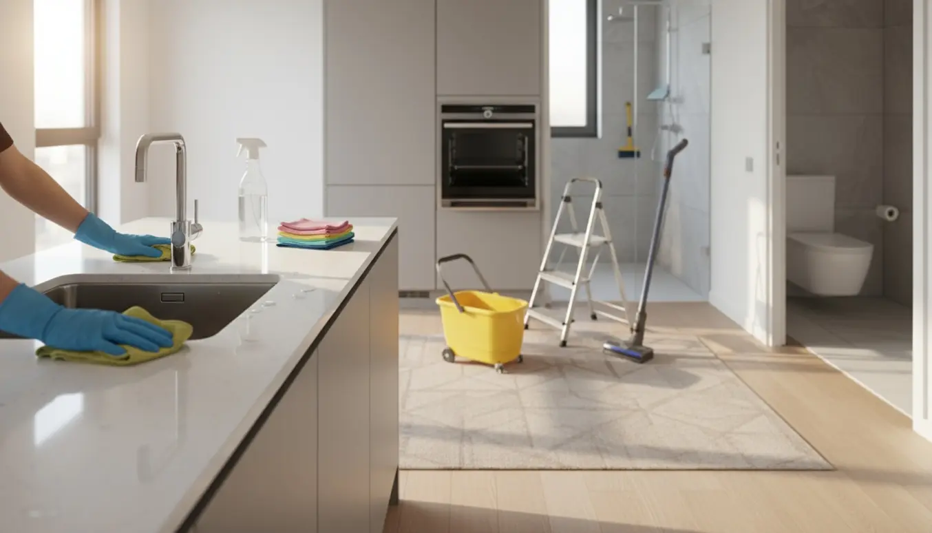 Hænder i gummihandsker pudser en køkkenbordplade i en tom lejlighed under udflytningsrengøring.