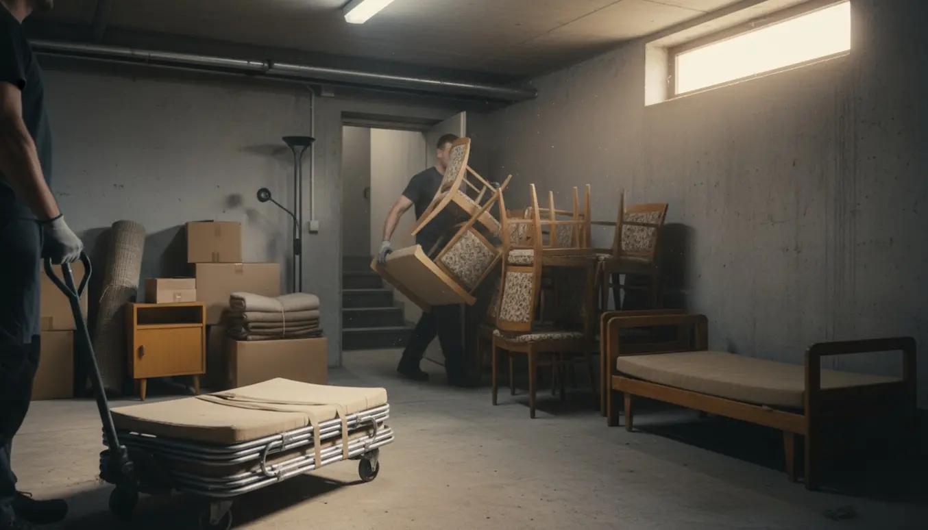 Delvis ryddet kælderrum med to små brikse og spisestole klar til fjernelse.