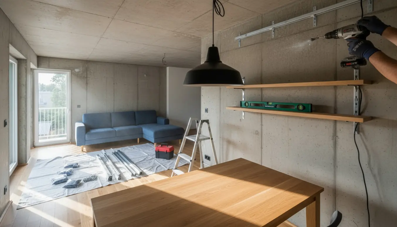 Hænder monterer gardinskinne i rå betonvæg, mens billedehylde over sofaen og lampe over spisebordet monteres.