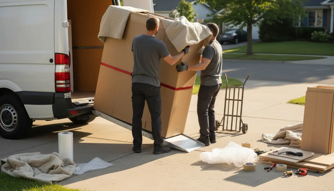 Et nykøbt garderobeskab pakket i flyttetæpper bliver læsset ind i en varevogn med sækkevogn og stropper.