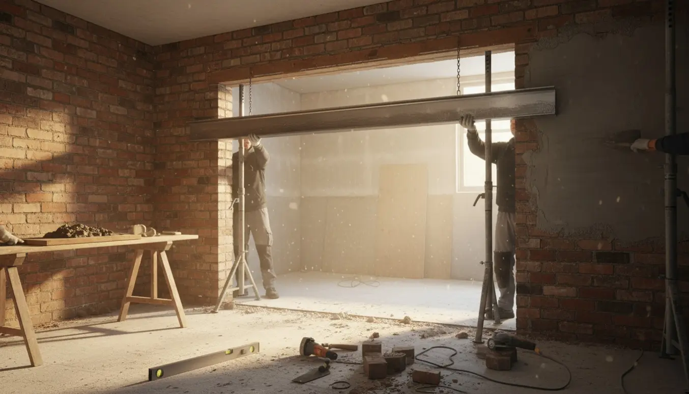 Garage under renovering med ståldrager, friskmuret åbning og indvendig pudsning.