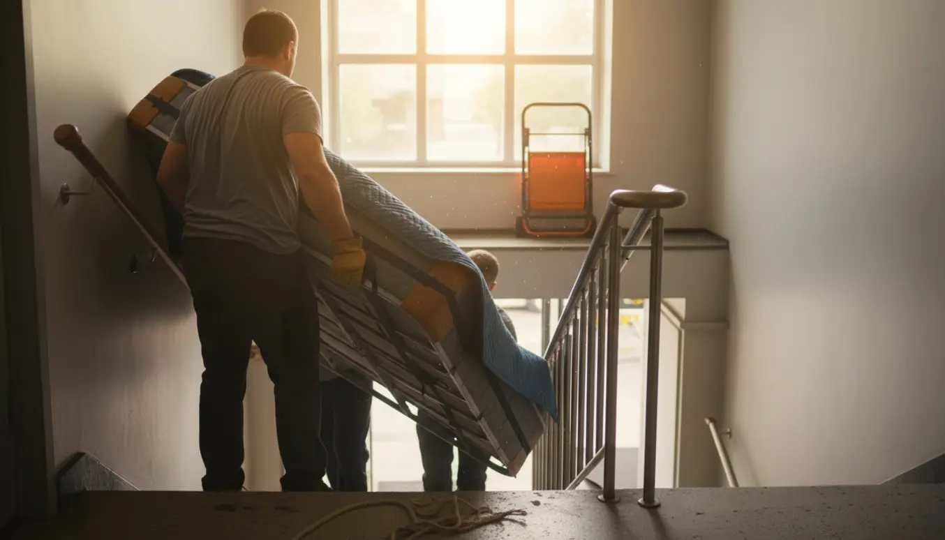 To mænd bærer en tung seng ned ad en trappe i en opgang for at bortskaffe den.