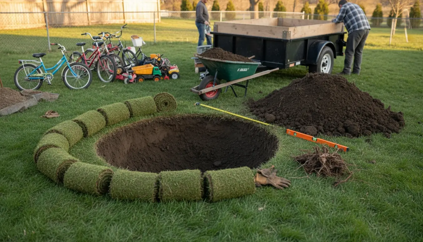 Gravning af rundt hul til trampolin i have med trailer fyldt med jord og gamle børnecykler klar til genbrugsstation.