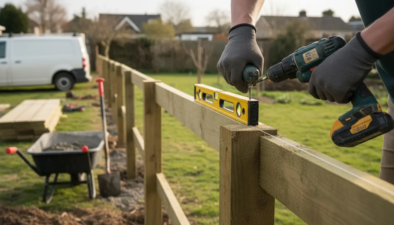 Opsætning af trykimprægneret træhegn i haven med værktøj og våde betonsøjer i forgrunden.