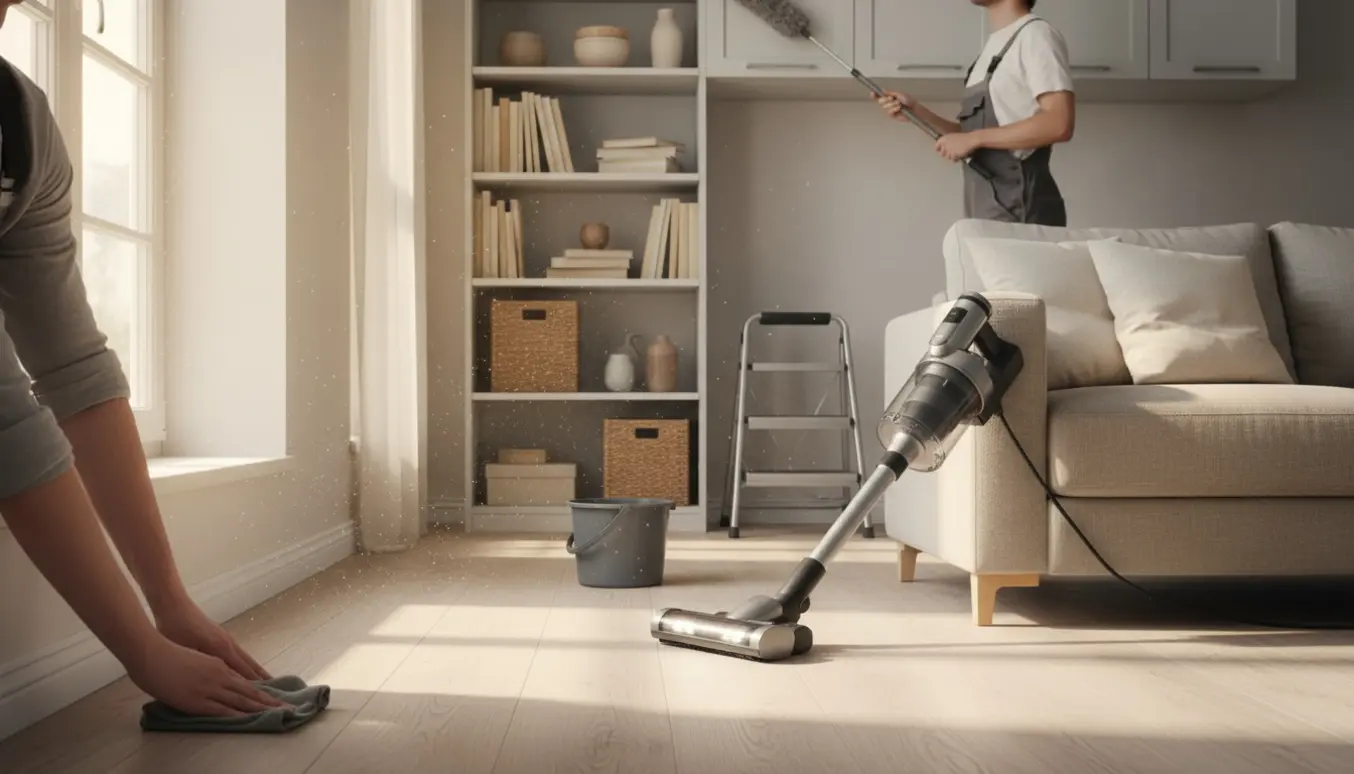 Grundig rengøring i en lille lejlighed med en person på skammel, en støvsuger ved sofaen og hænder, der tørrer fodpaneler.