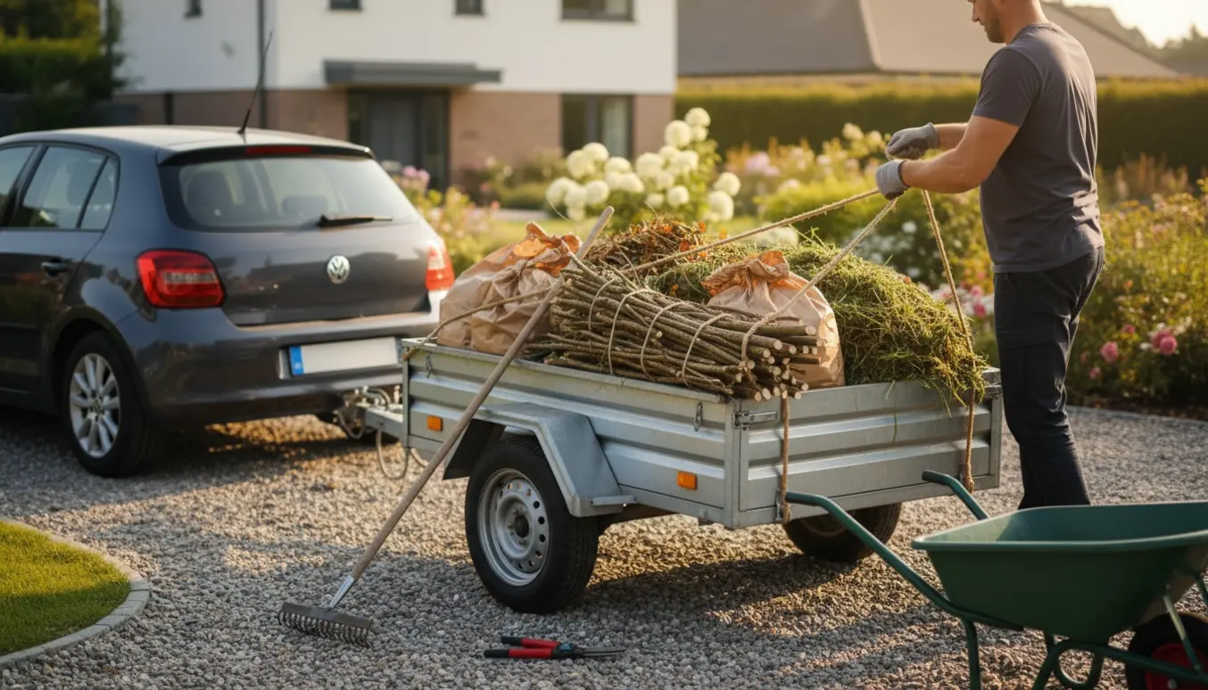 Lille trailer læsset med haveaffald på indkørsel, klar til en tur til lossepladsen.