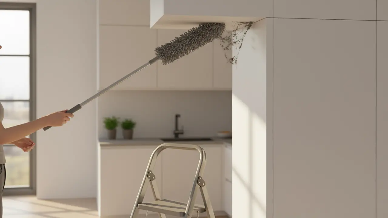 Person på en skammel bruger teleskopstøvkost mod støvet mellem køkkenskab og loft.