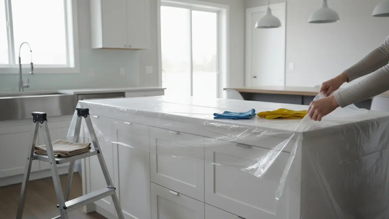 Forberedelse med plastikdug over bordet og en stabil skammel opstillet ved skabene.