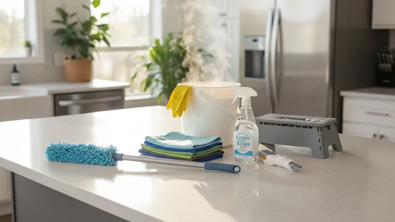 Udstyr lagt frem: teleskopstang, klude, affedter, spand, gummihandsker og spartel.