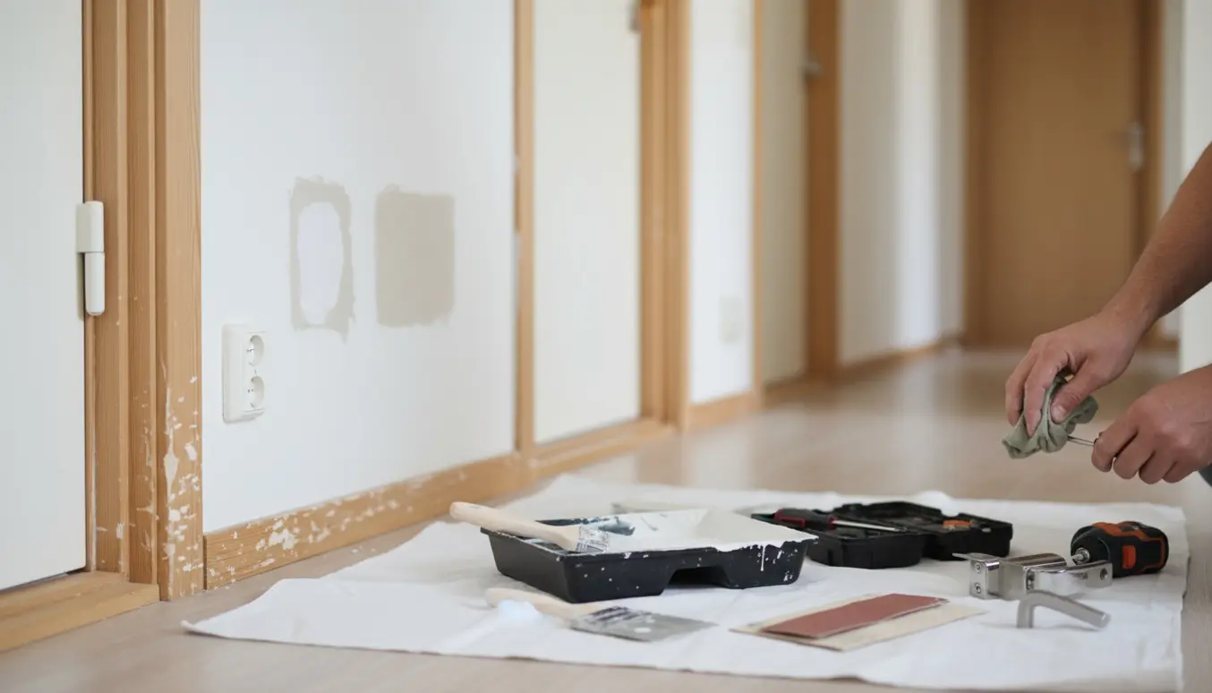 Hænder reparerer bidte paneler, udfylder huller og monterer nyt lås og dørhåndtag i en lys lejlighed.