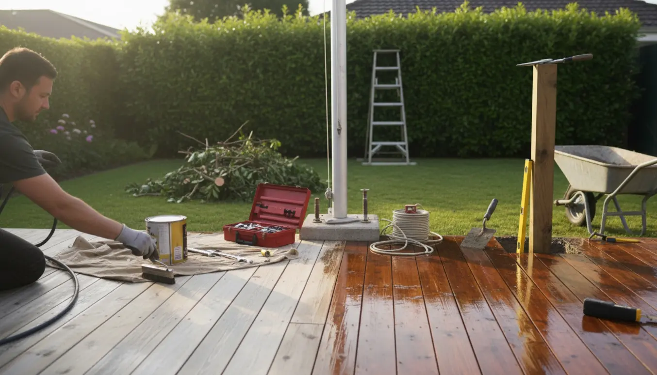 Terrasse halvt renset og olieret, flagstang i reparation, hegn sat i beton og nybeskårede buske i haven.