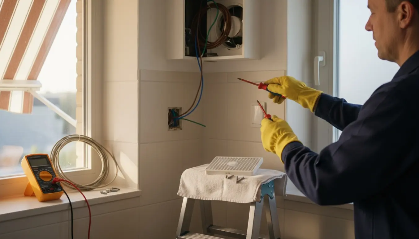 Elektriker monterer ventilator i badeværelsesloft og tilslutter ledninger ved en vægkontakt, kun hænder synlige.