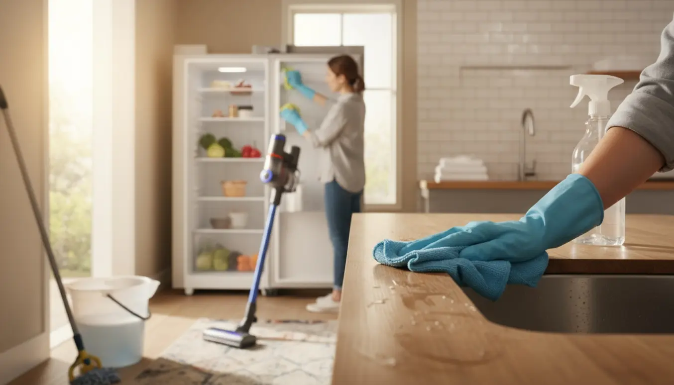 Nogen tørrer et køkkenbord med en mikrofiberklud, med støvsuger, moppe og et rent badeværelse i baggrunden.