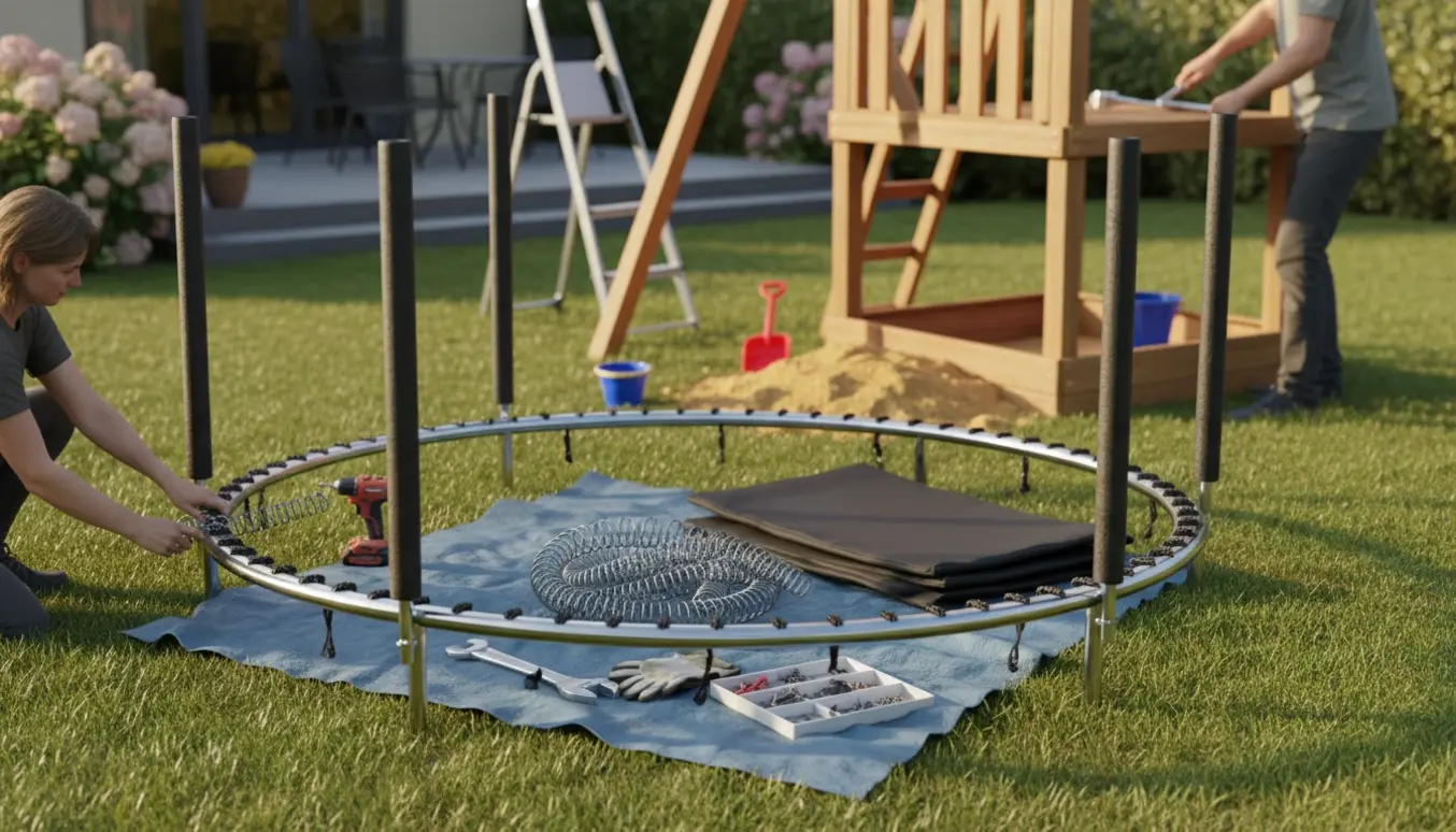 Delvist samlet trampolin og gyngestativ i en solvarm baghave med værktøj og hænder i arbejde.