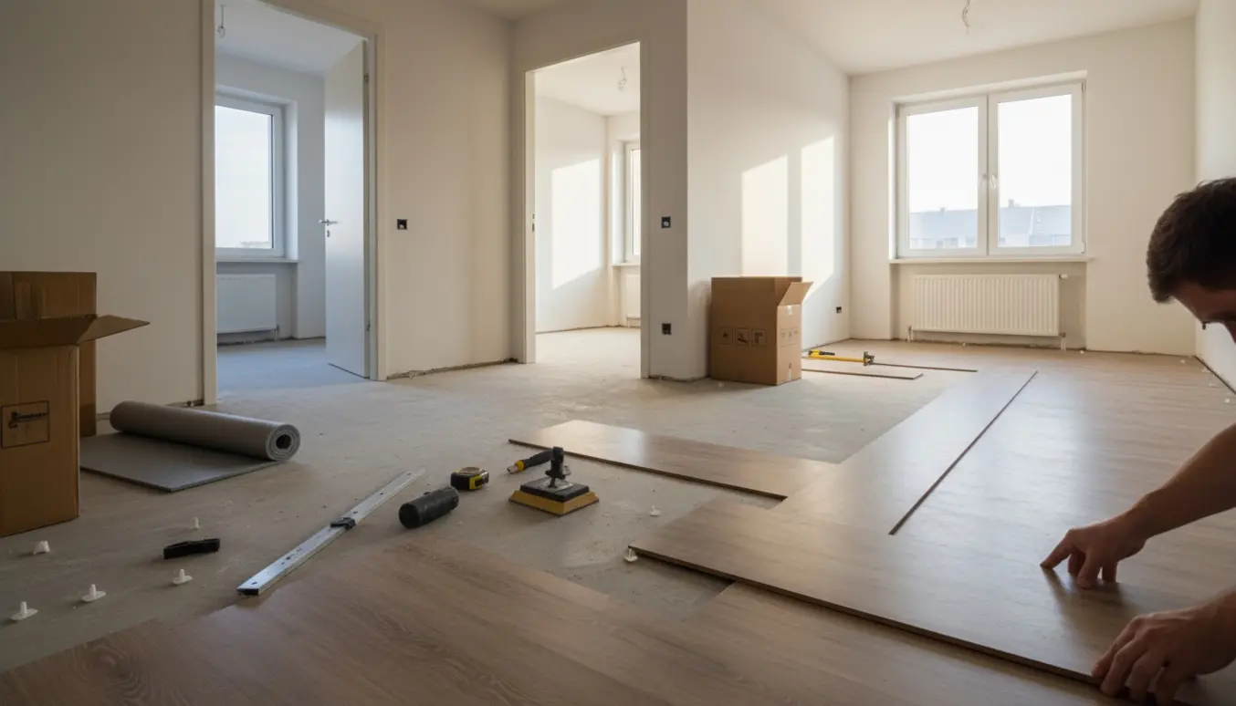 Klikvinyl planker bliver lagt på betongulv i en lejlighed, værktøj og underlag ligger klart, hænder uden ansigt i billedet.