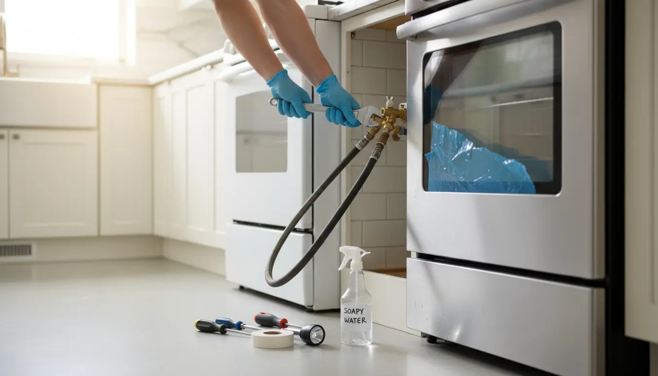 Hænder med skruenøgle tilslutter en ny gasledning til et gaskomfur i et lyst køkken.