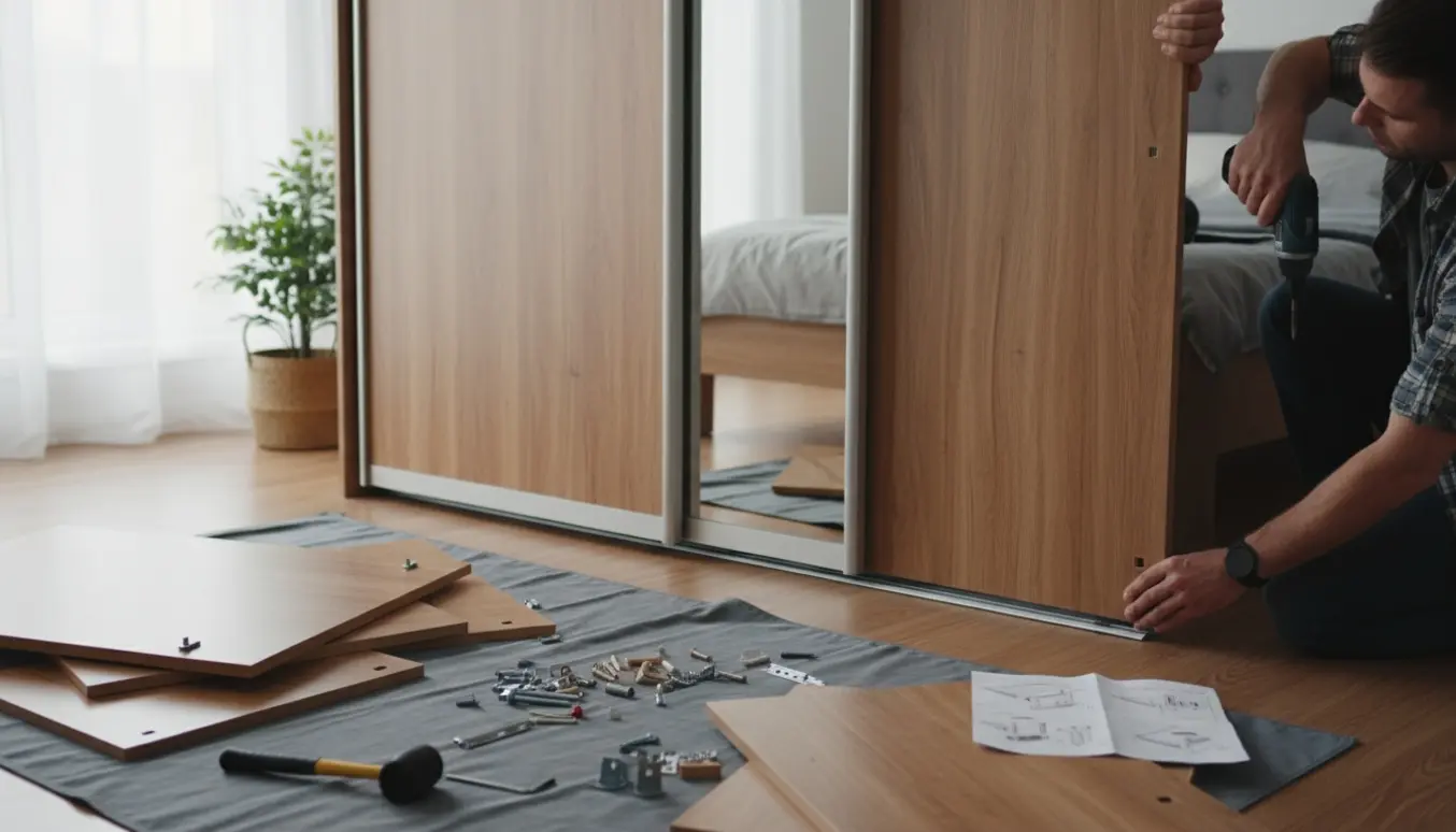 Hænder samler et stort skab med skydedør og spejl i et lyst soveværelse.