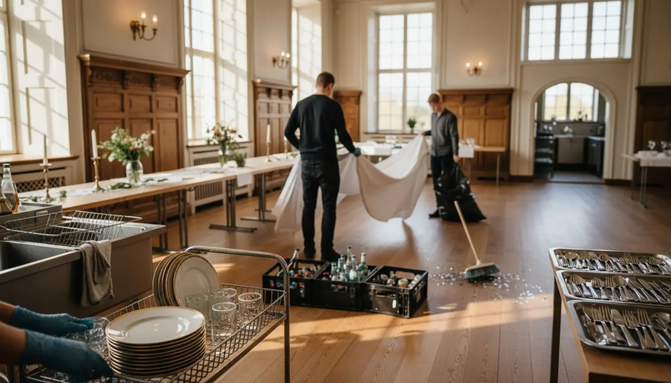 Rydning efter bryllup i en lys gods-sal med hænder, der samler service og fylder affaldsposer.