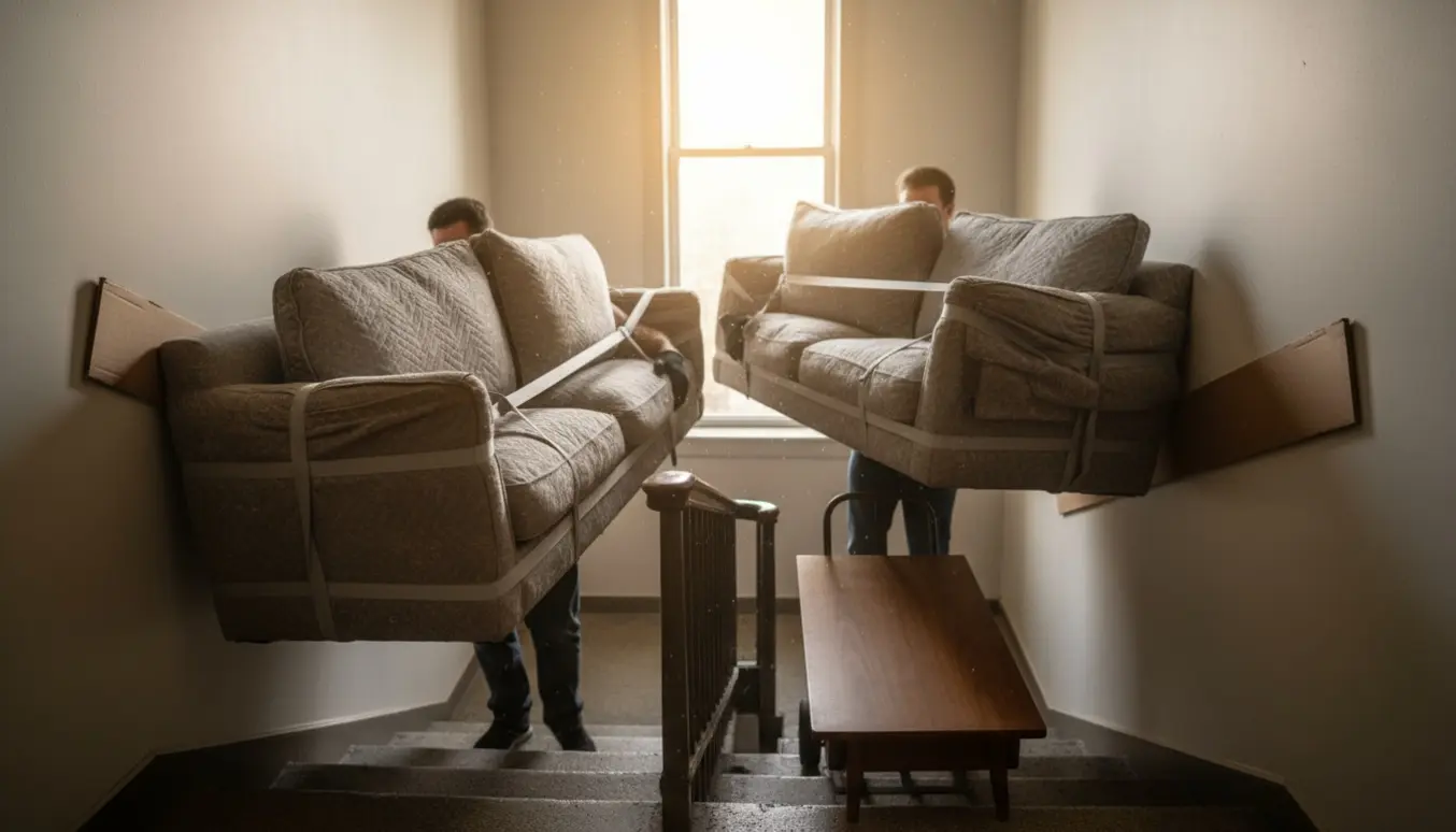To flyttefolk bærer adskilte sofa-dele og et sofabord ned ad trappen mod fortovet.