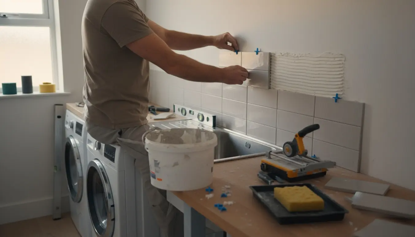 Hænder sætter keramiske vægfliser op over vasken i et lille bryggers.
