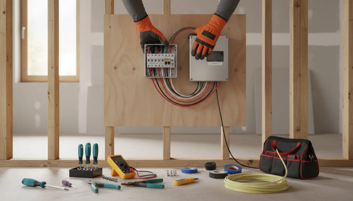 Hænder i isolerede handsker fører elkabler ind i en installationskasse ved opsætning af husets el.