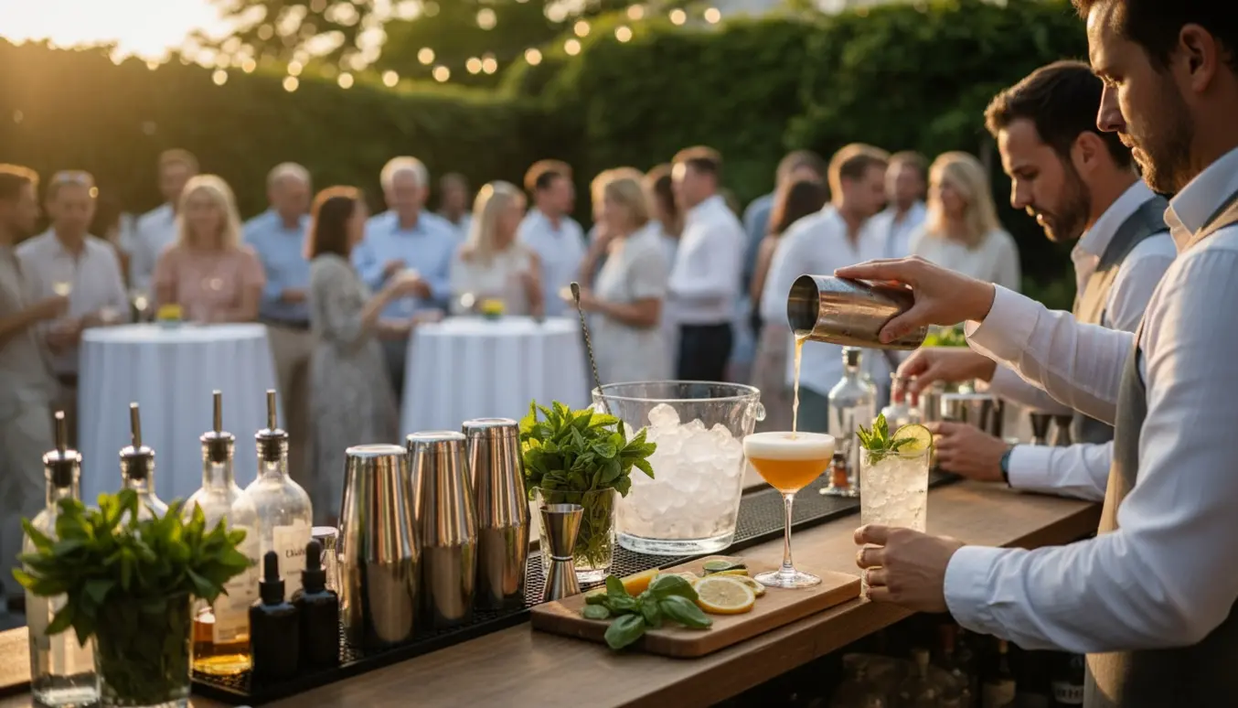 To bartendere blander cocktails ved en udendørs sommerfest med shakers, glass og slørede gæster i baggrunden.