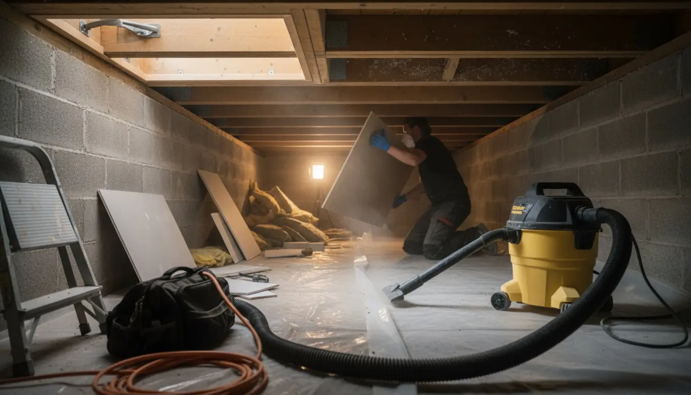 Lav krybekælder med byggematerialer, en arbejders hænder trækker materialer op gennem adgangsåbningen, og en industristøvsuger står klar.