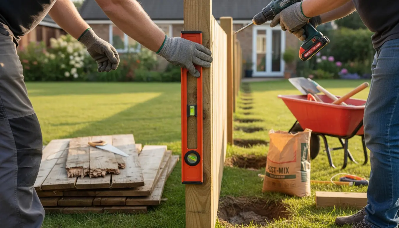 Fjernelse af gammelt hegn og opsætning af nyt træhegn i en have på cirka fem meter.