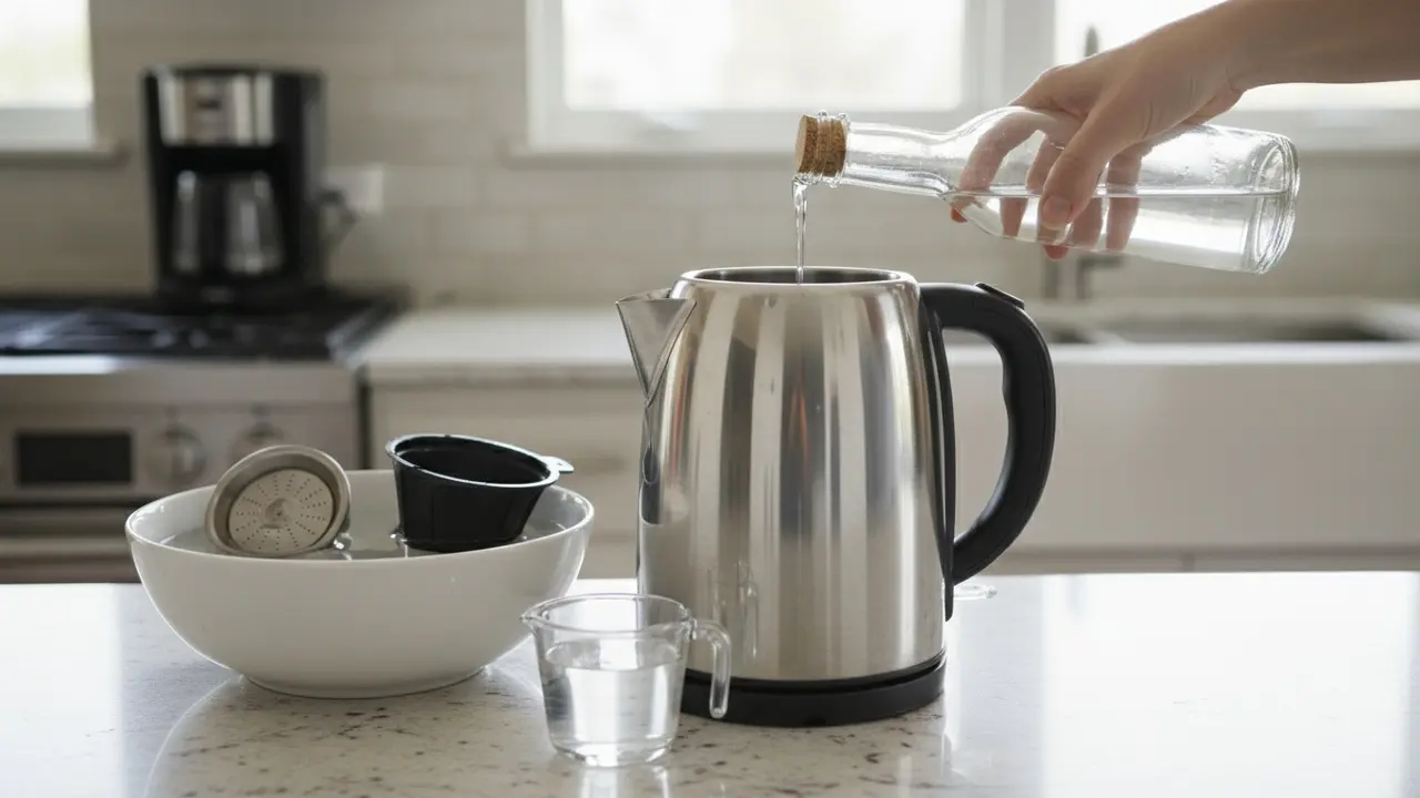 Hånd hælder hvid eddike i elkedel for afkalkning med kaffemaskinedele ved siden af.