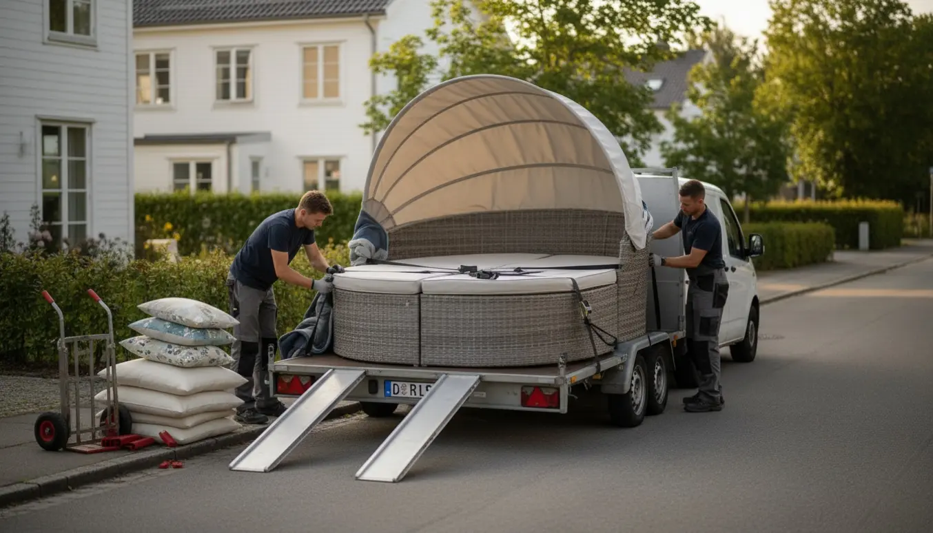 Et polyrattan dobbelt daybed, delt og pakket sammen, sikres på en trailer ved en stille villavej.