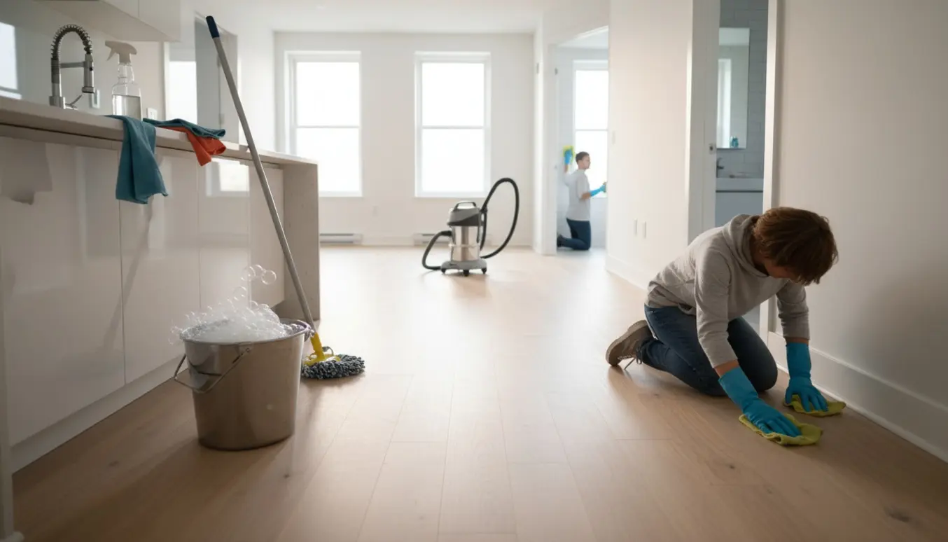 Lys ubeboet lejlighed under flytterengøring med moppe, spand og handsker i fokus.