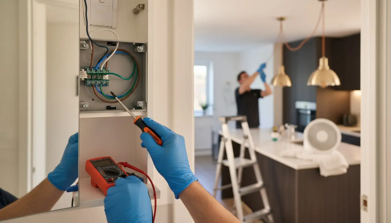 Hænder strammer en løs lysforbindelse i et badeværelsesskab med nye pendler og en afmonteret ventilator i baggrunden.