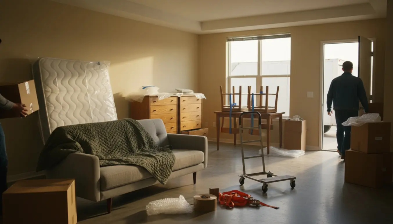 Halvt tom lejlighed med sofa, seng, skrivebord, spisebord, kommoder og papkasser klar til flytning.