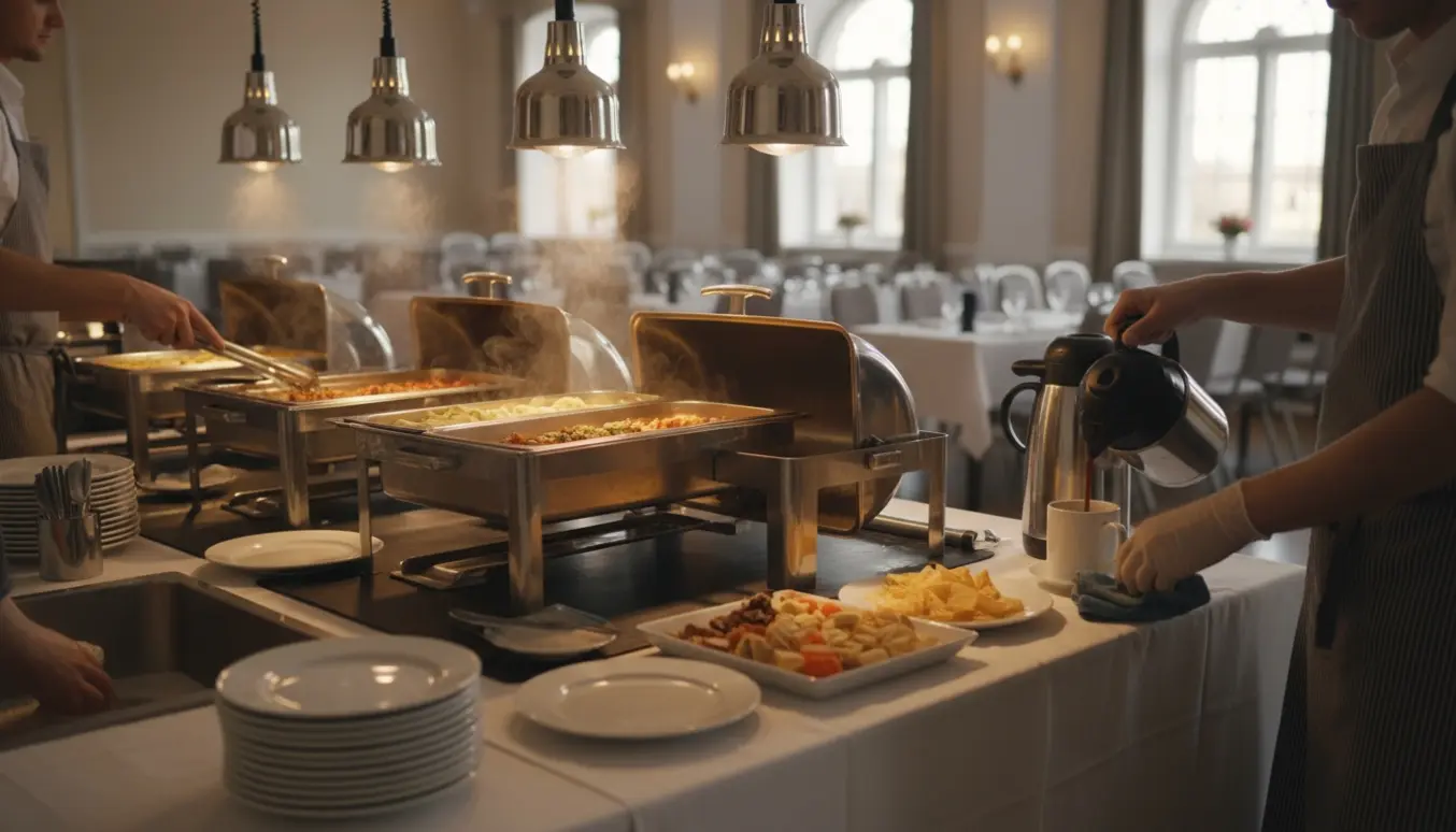 Køkkenpersonale fylder buffet op og laver kaffe i et festlokale med borde til mange gæster.