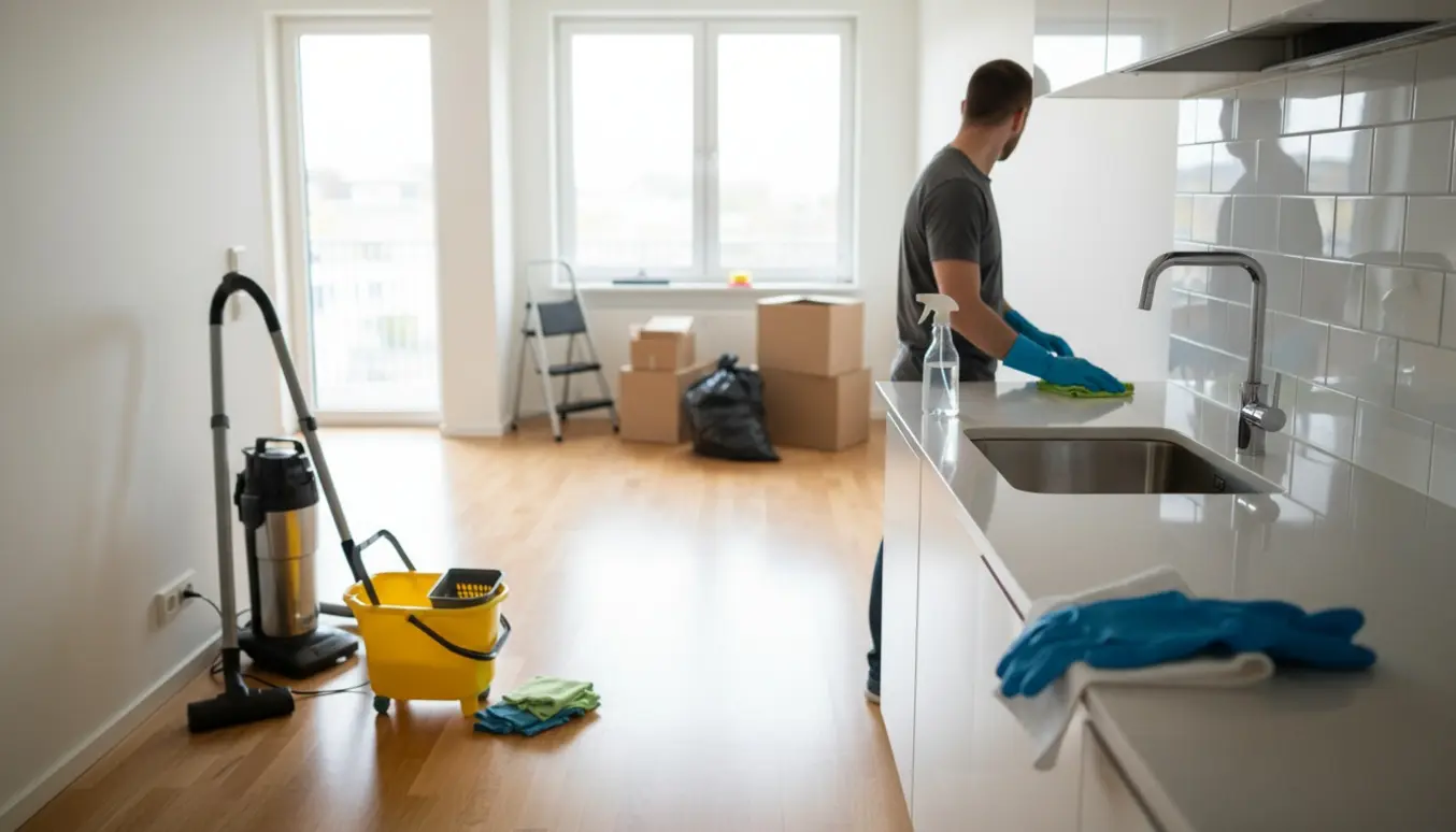 Et lyst, tomt lejlighedsværelse med rengøringsudstyr og et skinnende gulv efter fraflytningsrengøring.