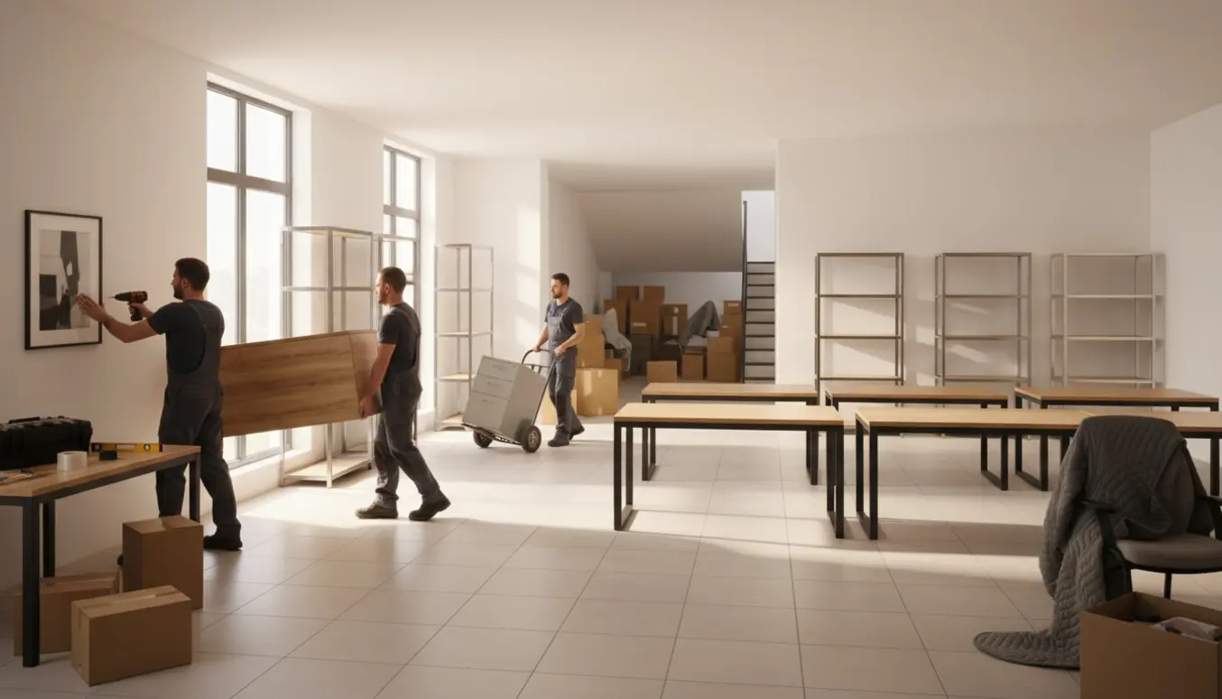 To flyttefolk bærer skriveborde og reoler gennem en lys kontorgang, mens et arkivskab bæres ned i kælderen.