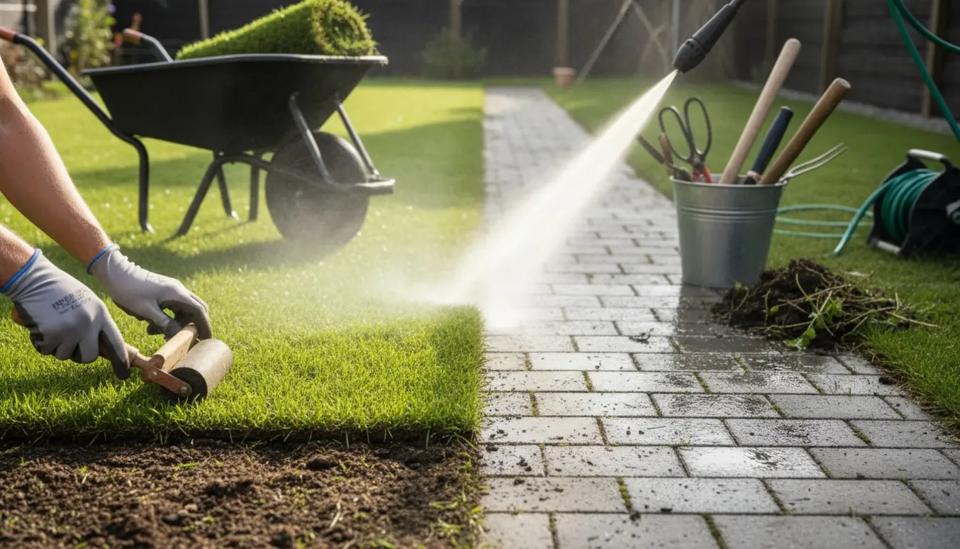 Nylagt rullegræs ved siden af rensede fliser med haveredskaber og fjernet ukrudt.