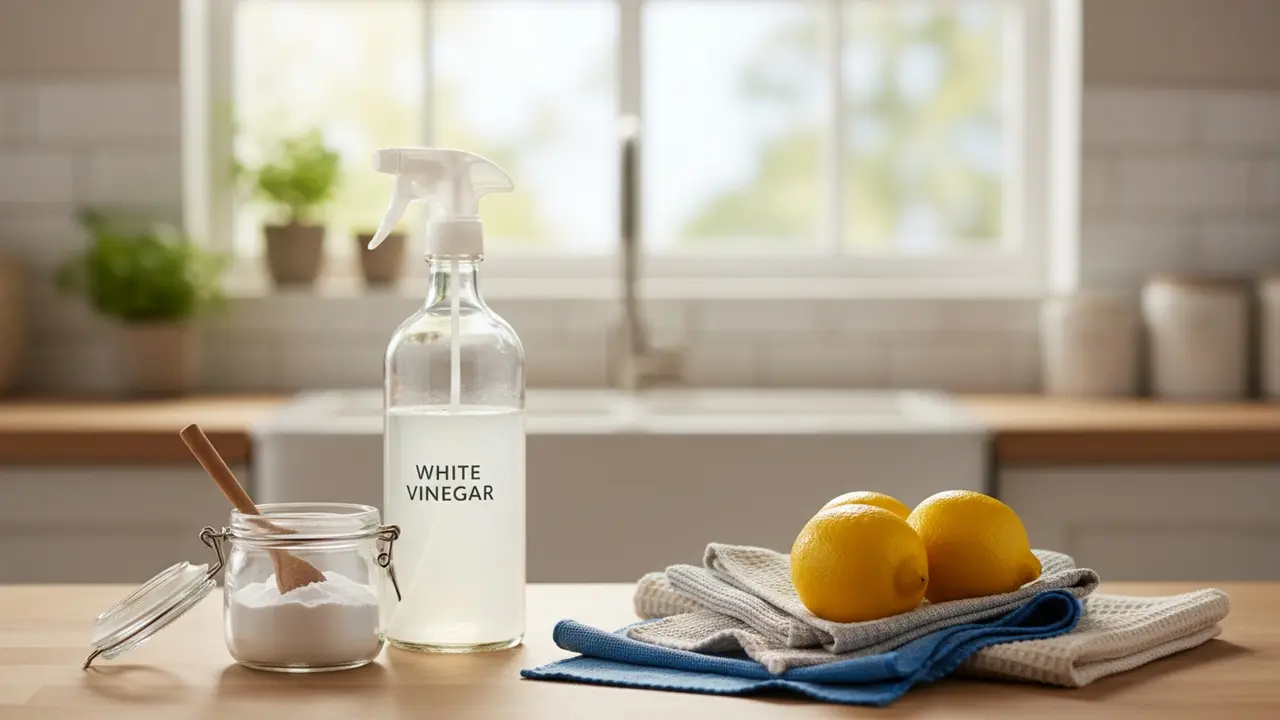Køkkenbord med hjemmelavede rengøringsingredienser: eddike, natron, citron, sprayflaske og klude.