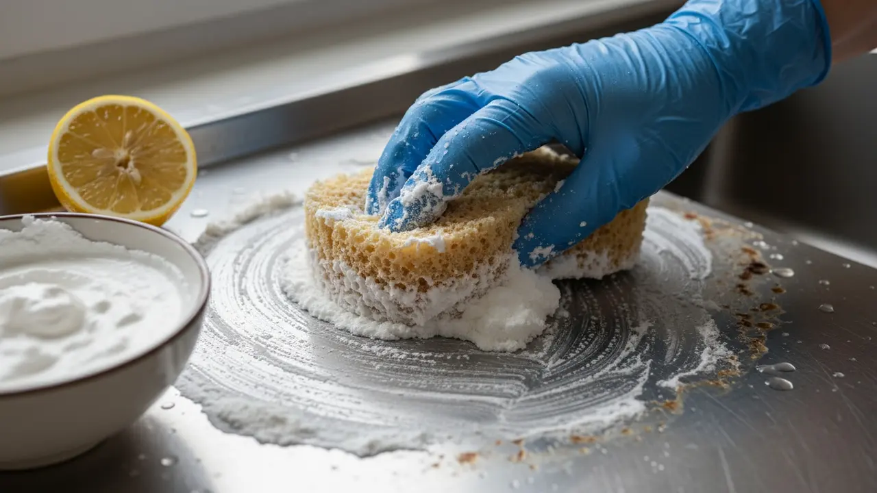 Tæt billede af handsker, der påfører natronpasta på en rustfri vask med citron ved siden af.