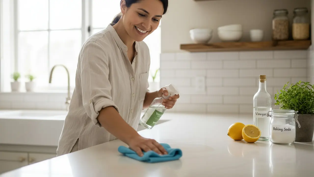 Person rengør køkkenbord med hjemmelavet spray og klud; naturlige ingredienser i baggrunden.