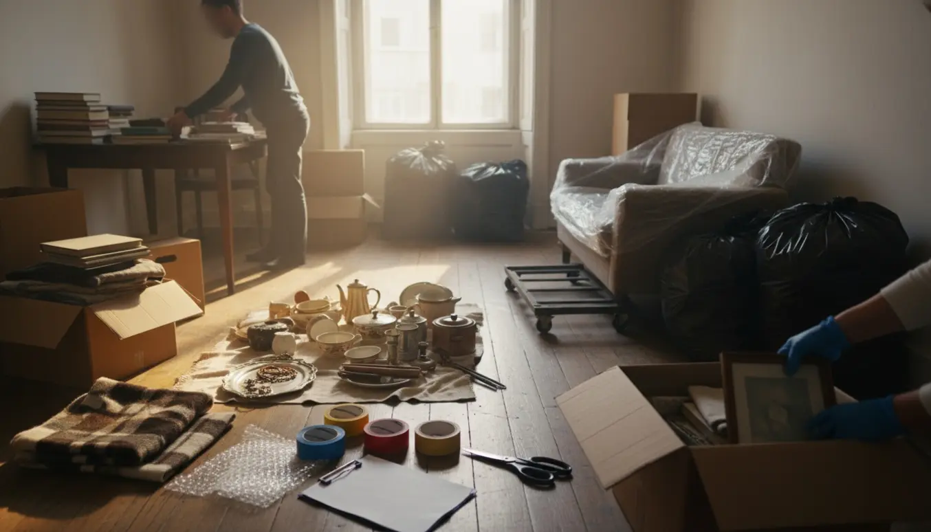 Soloplyst toværelses lejlighed med flyttekasser, sorte sække og handsker under rydning af dødsbo.