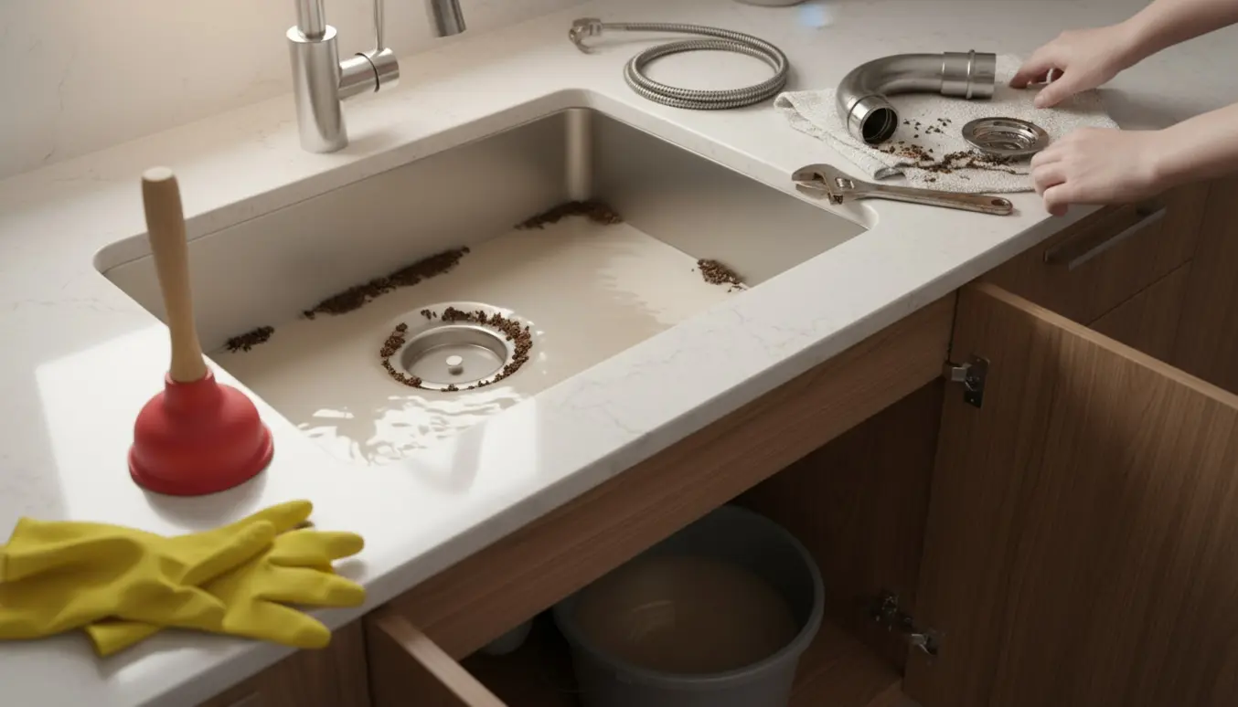 Køkkenvask med afmonteret P-bøjle, værktøj og snavset vand efter forgæves forsøg på at rense afløbet.