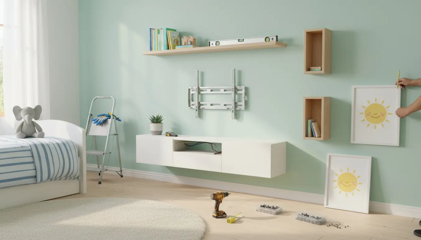 Hænder monterer en lille væghængt reol, TV-møbel, to hylder og billeder i et lyst børneværelse.