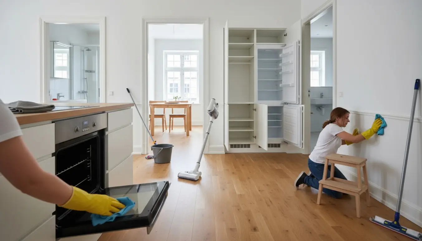 Lys flytterengøring i moderne lejlighed med glinsende ovn, tomt køleskab, støvsuger og klude uden rengøringsmidler.