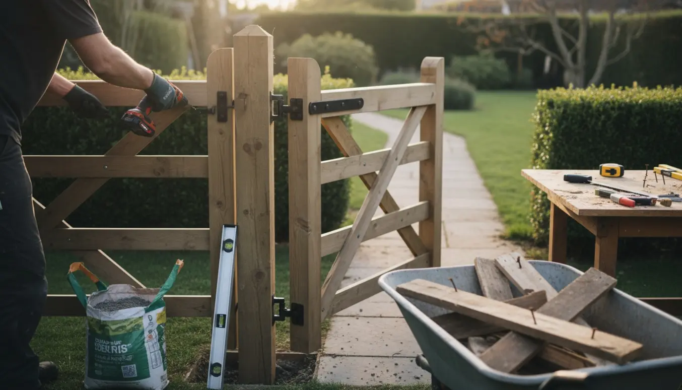 En ny havelåge monteres med udskiftede stolper og værktøj i haven.