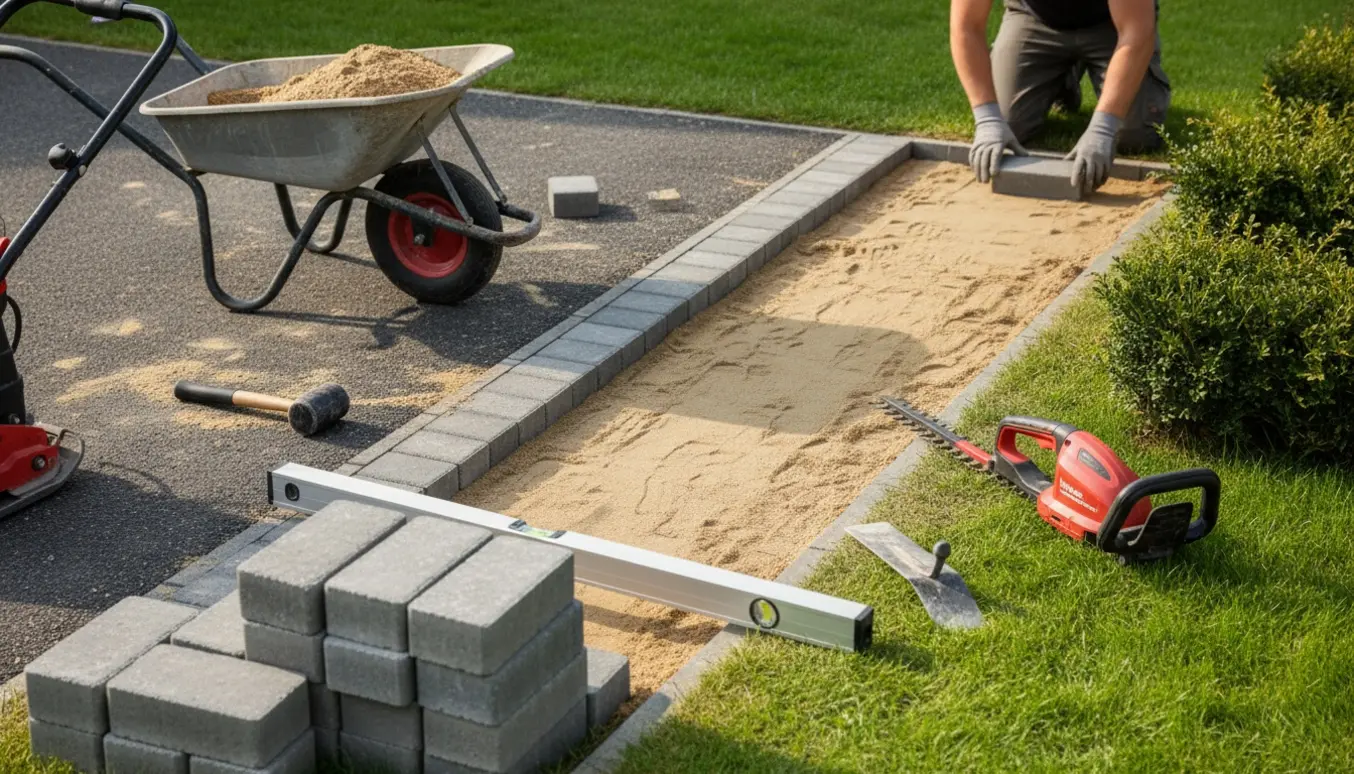 Indkørsel med nyt fliseafsnit under udlægning, værktøj og afklippet hæk i baggrunden.