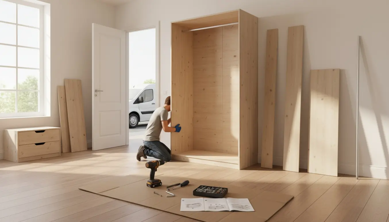 Delvist samlet garderobeskab i et lyst værelse med værktøj og demonterede hylder klar til storskrald ved en åben varevogn.