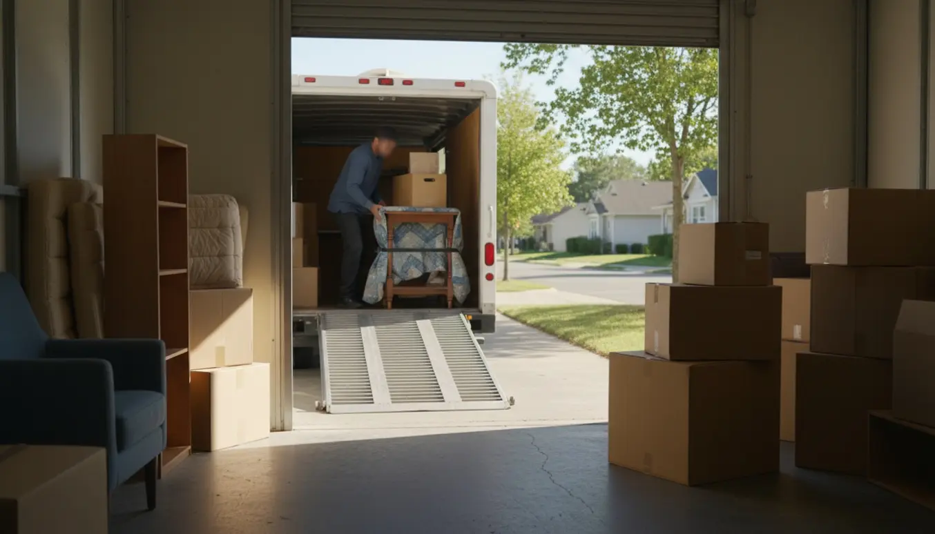 Flyttekasser og mindre møbler bæres fra et depotrum op ad rampe ind i en flyttebil.