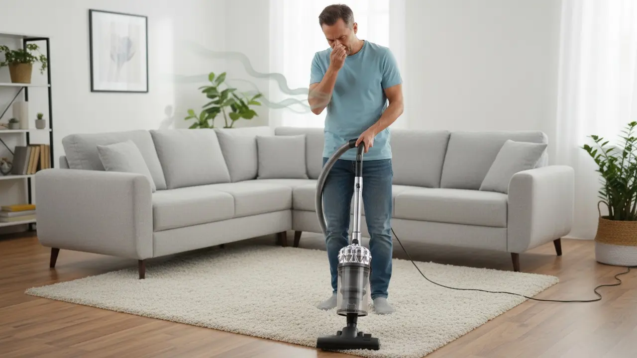 Person i dagligstue holder støvsugerslange og holder sig for næsen pga. dårlig lugt
